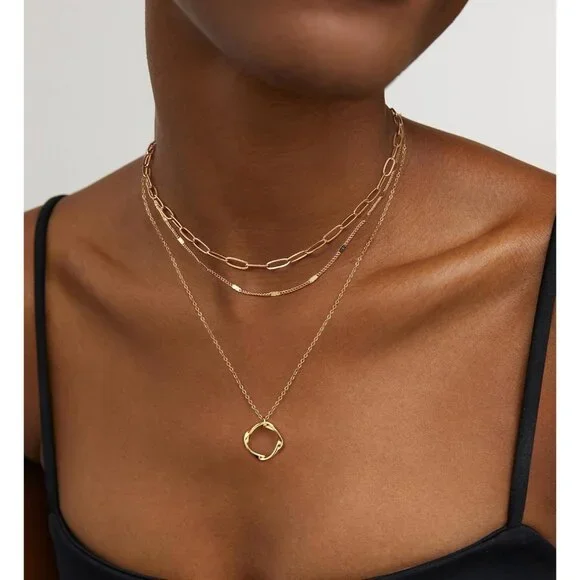 Elegant 3-Pc Layered Necklace Set for Women - 14K Gold Plated & Adjustable - Picture 2 of 7